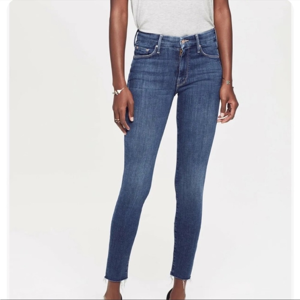 Mother The Looker Ankle Fray in Girl Crush Mid-Rise Medium Wash Raw Hem Zip Fly